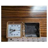 Elgin Travel Alarm Clock - Gold Tone Square with Leatherette Case