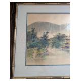 Chinese Landscape Painting with Pagoda in Bamboo Frame - Framed Wall Art