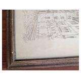 Framed Pencil Sketch of European Cityscape with Cathedral