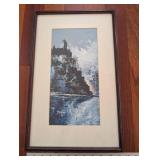 Framed Lake Landscape Painting - Blues, Trees & Sky