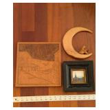 Hand-Carved Wood Wall Art Set - Crescent Moon Figure Reading, Harbor Scene Panel, Framed City Photo