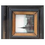 Hand-Carved Wood Wall Art Set - Crescent Moon Figure Reading, Harbor Scene Panel, Framed City Photo