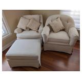 Ethan Allen Traditional Classics Armchairs & Ottoman - Cream Damask Upholstery Set
