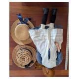 Doll With White Pinafore Dress And Two Straw Hats