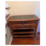 Antique Burl Walnut Console Chest w Leather Top - 4 Drawers on Casters