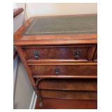Antique Burl Walnut Console Chest w Leather Top - 4 Drawers on Casters