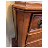 Antique Burl Walnut Console Chest w Leather Top - 4 Drawers on Casters