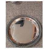 Round Silver-Plated Serving Tray with Beaded Edge and Dual Handles