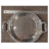 Round Silver-Plated Serving Tray with Beaded Edge and Dual Handles