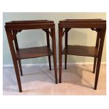 Pair of Dark Wood End Tables with Carved Brackets and Lower Shelf