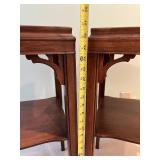Pair of Dark Wood End Tables with Carved Brackets and Lower Shelf