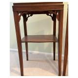 Pair of Dark Wood End Tables with Carved Brackets and Lower Shelf
