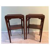 Pair of Dark Wood End Tables with Carved Brackets and Lower Shelf