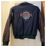 Hard Rock Cafe London Varsity Jacket - Navy Wool Body, Brown Leather Sleeves, Size S - Adult