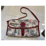 LANCEL City-Print Canvas Crossbody Bag & Croc-Embossed Wallet, Red Leather Trim