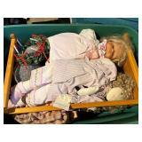 Vintage Cloth Doll Lot in Wooden Bed with Hats & Accessories