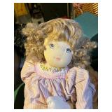 Vintage Cloth Doll Lot in Wooden Bed with Hats & Accessories