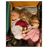Vintage Cloth Doll Lot in Wooden Bed with Hats & Accessories