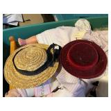 Vintage Cloth Doll Lot in Wooden Bed with Hats & Accessories