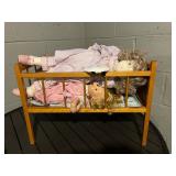 Vintage Cloth Doll Lot in Wooden Bed with Hats & Accessories