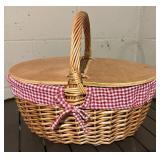 Picnic Basket - Wicker with Wooden Lid & Red Gingham Interior
