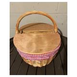 Picnic Basket - Wicker with Wooden Lid & Red Gingham Interior