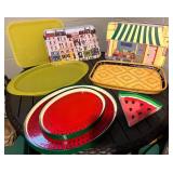 Watermelon Plates & Trays Set - City Print Tin Trays & Woven Baskets, Assorted Serving Pieces