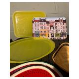 Watermelon Plates & Trays Set - City Print Tin Trays & Woven Baskets, Assorted Serving Pieces