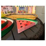 Watermelon Plates & Trays Set - City Print Tin Trays & Woven Baskets, Assorted Serving Pieces