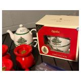 Spode Christmas Tree Teapot - Boxed Dinnerware, Red Pedestal Candle Holders & Ornaments