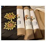 fabric Rolls - 4 Burlap (10 ft / 3 m) & 3 empty Patterned Tubes, Sunflower Trivets, Wine gift box