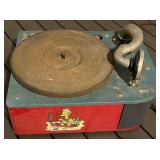 Burkaw Electric Co. Toy Record Player - Red Front, Teal Top, Cartoon Panel