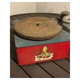 Burkaw Electric Co. Toy Record Player - Red Front, Teal Top, Cartoon Panel