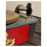 Burkaw Electric Co. Toy Record Player - Red Front, Teal Top, Cartoon Panel