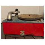 Burkaw Electric Co. Toy Record Player - Red Front, Teal Top, Cartoon Panel