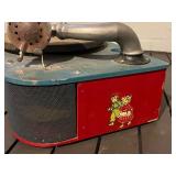 Burkaw Electric Co. Toy Record Player - Red Front, Teal Top, Cartoon Panel