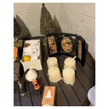 Holiday Village Decor: Ceramic Cottages, Candle Holders, Folding Screen & Santa