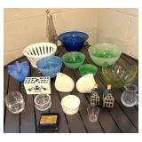 Assorted Glassware & Ceramics - Blue/Green Bowls, White Vases & Salt & Pepper Shakers - large lot
