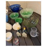 Assorted Glassware & Ceramics - Blue/Green Bowls, White Vases & Salt & Pepper Shakers - large lot