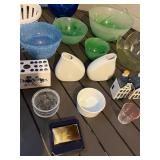 Assorted Glassware & Ceramics - Blue/Green Bowls, White Vases & Salt & Pepper Shakers - large lot