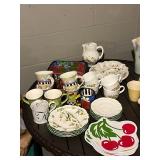 Vietri Italian Ceramic Dinnerware & Mugs - Bird & Cherry Motifs, Assorted Plates & Pitcher