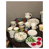 Vietri Italian Ceramic Dinnerware & Mugs - Bird & Cherry Motifs, Assorted Plates & Pitcher