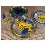Bergdala Signed Art Glass Plates - Reindeer Motif, Blue & Yellow (8 Plates) & Bowl
