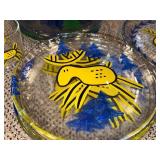 Bergdala Signed Art Glass Plates - Reindeer Motif, Blue & Yellow (8 Plates) & Bowl