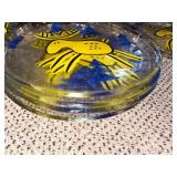 Bergdala Signed Art Glass Plates - Reindeer Motif, Blue & Yellow (8 Plates) & Bowl