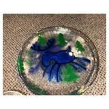 Bergdala Signed Art Glass Plates - Reindeer Motif, Blue & Yellow (8 Plates) & Bowl