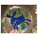 Bergdala Signed Art Glass Plates - Reindeer Motif, Blue & Yellow (8 Plates) & Bowl