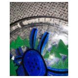 Bergdala Signed Art Glass Plates - Reindeer Motif, Blue & Yellow (8 Plates) & Bowl