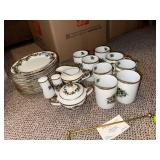 Holly Berry Gold Rim China Dinnerware Set - Teapot, Creamer, Sugar & 12 Plates with Cups