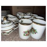 Holly Berry Gold Rim China Dinnerware Set - Teapot, Creamer, Sugar & 12 Plates with Cups